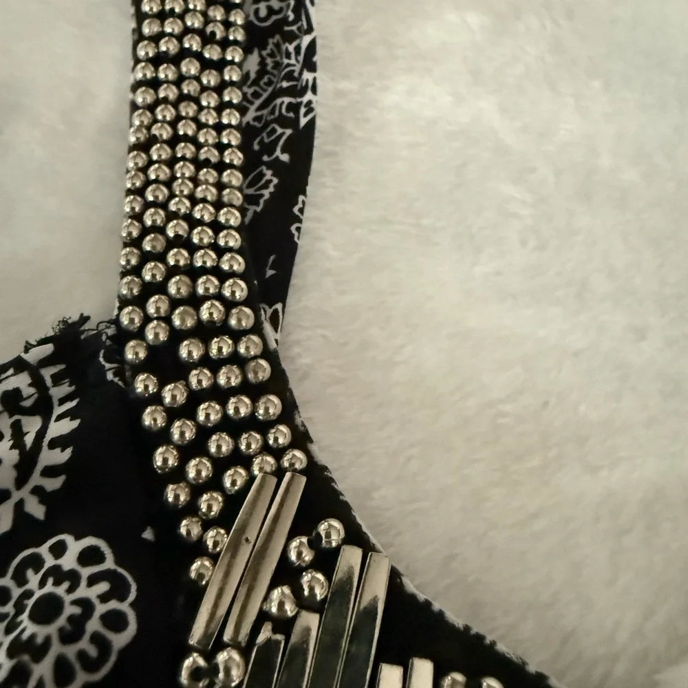 Venus Paisley Bandana Print Beaded Black White Sleeveless Dress XS - Picture 4 of 7